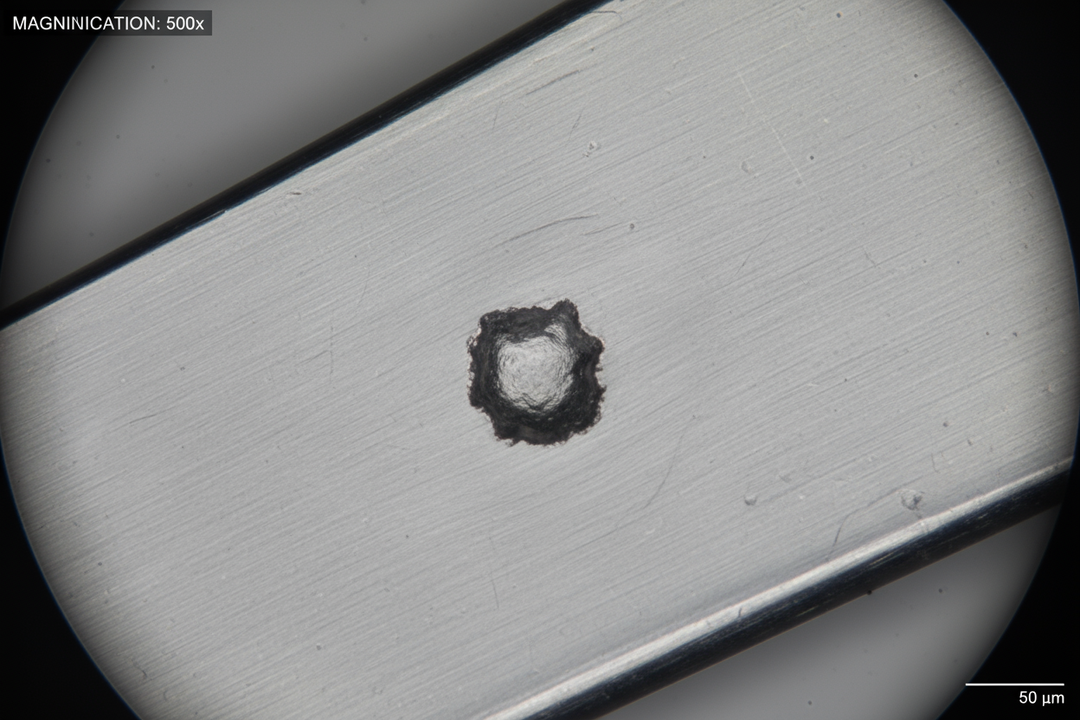 an image of a surgical tool blade with a pit in it as seen looking through a digital microscope
