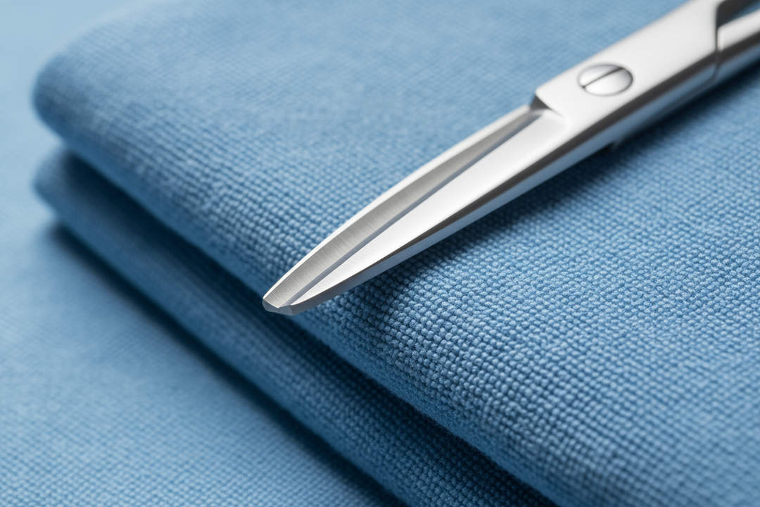 the freshly ground edge of a surgical scissor against the back drop of a blue surgical towel